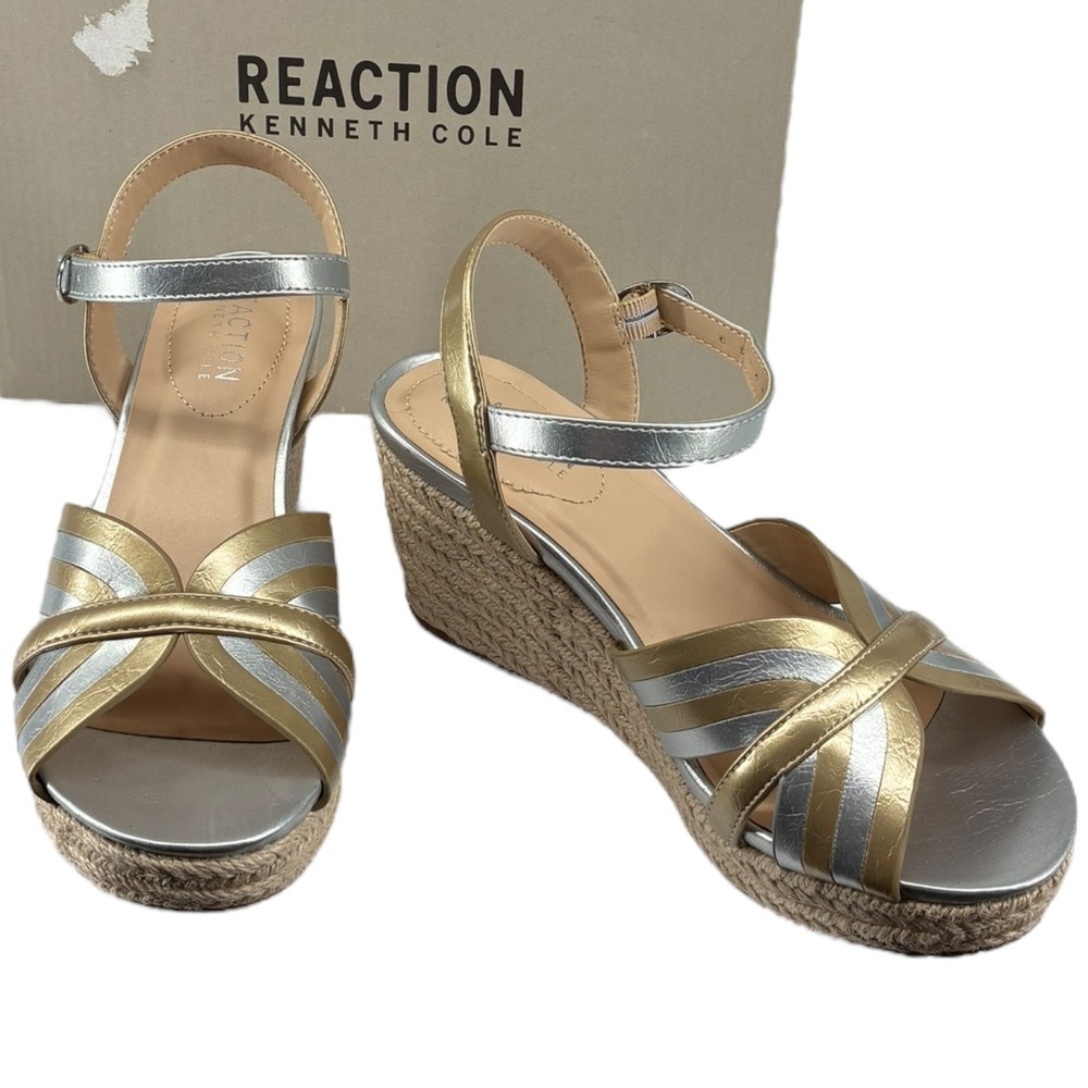 Kenneth Cole Reaction Comi Wedge‎ Espadrille Sandals Gold Silver 5.5M NIB